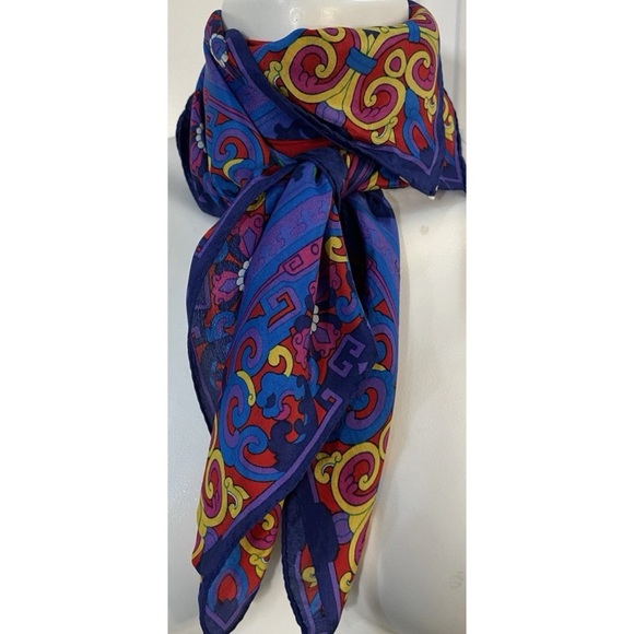 Liz Claiborne Silk Square Scarf Blue Red Yellow Floral Geometric 31" x 31" Vtg - Picture 6 of 7